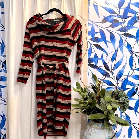 Sharagano Striped Textured 3/4 Sleeve Brown, Rust & Taupe Cowl Neck Dress Size 6 - Picture 1 of 10